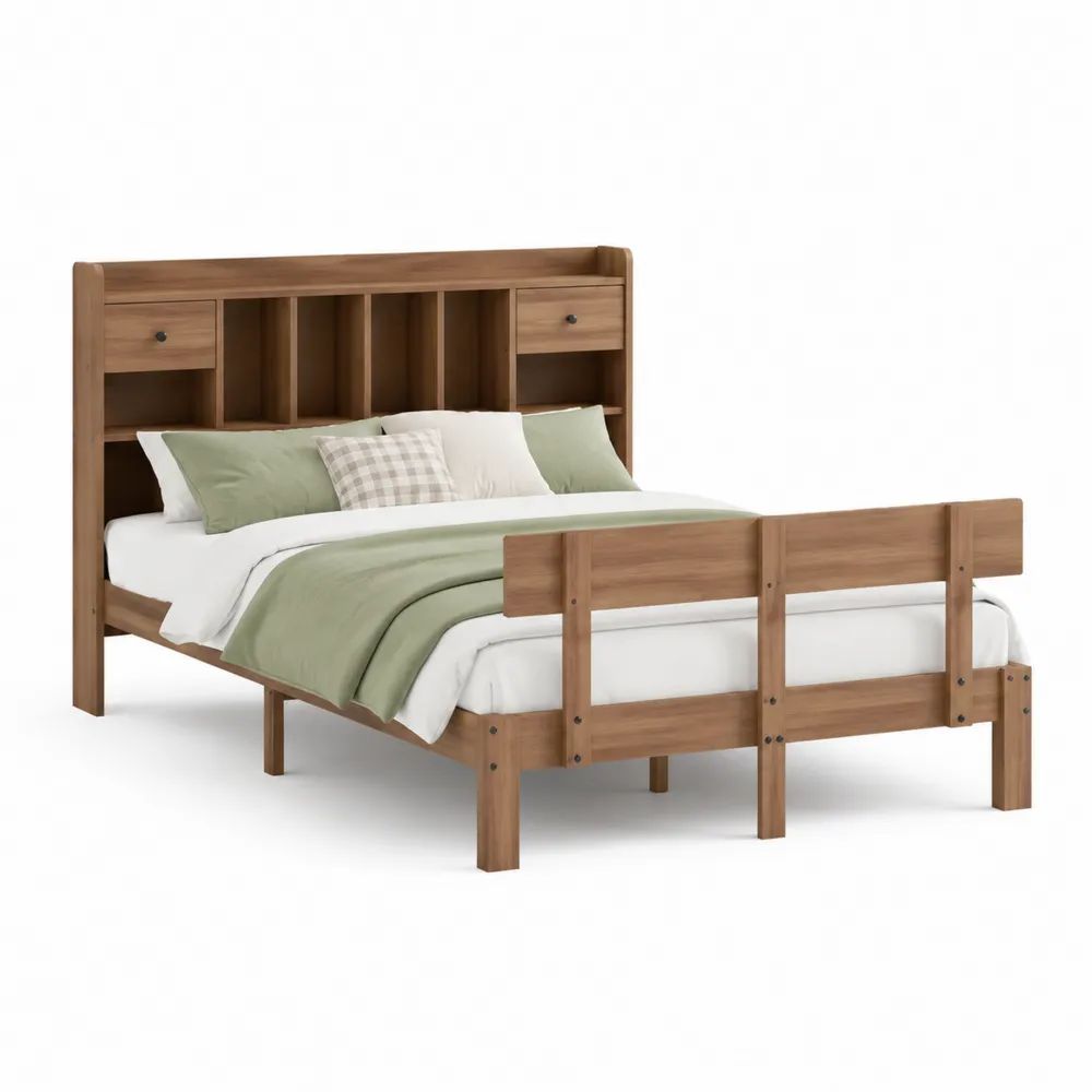 Lit double 140 × 190 cm en bois brun noyer avec tête de lit bibliothèque, 2 tiroirs et rangements, 211 × 149 × 153 cm