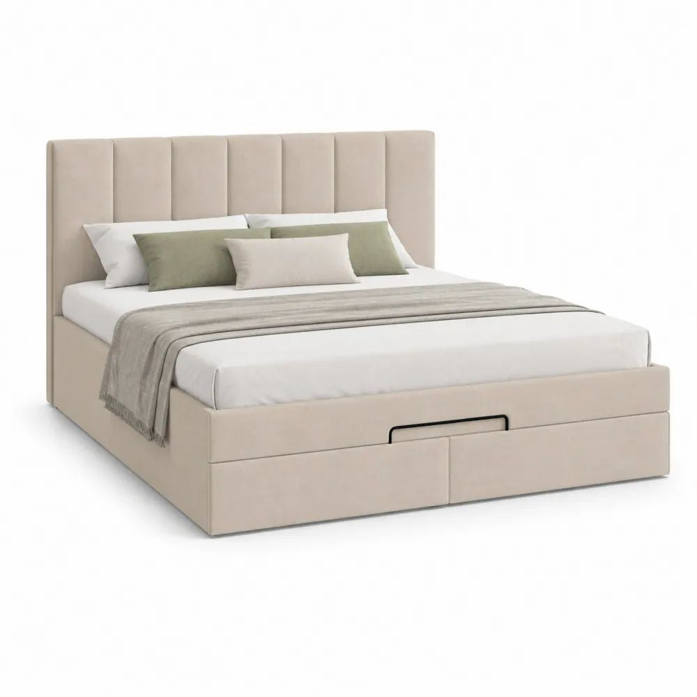 Lit coffre double en tissu beige 160 x 200 cm avec sommier relevable et tête de lit rembourrée, 218 x 172 x 120 cm
