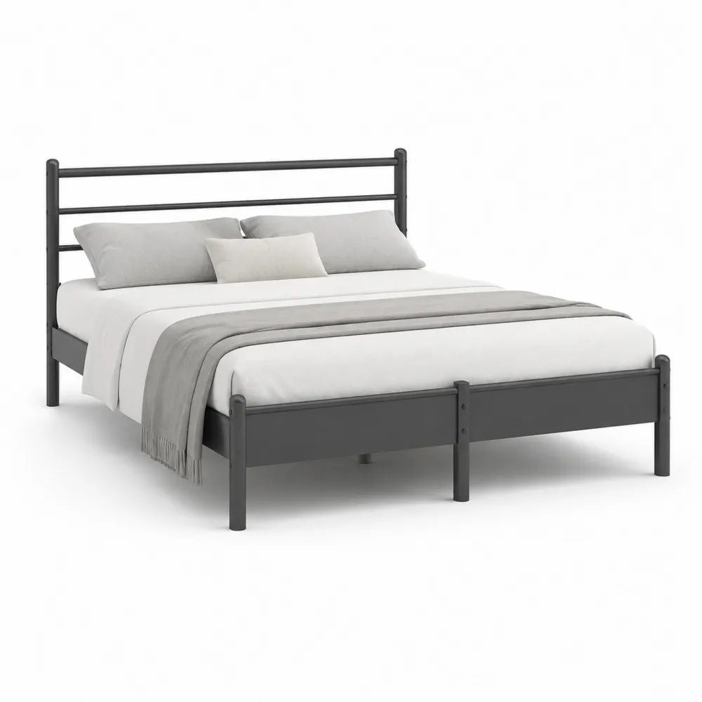 Lit double 160 x 200 cm, cadre en acier gris anthracite avec sommier à lattes, 207 x 166 x 105 cm