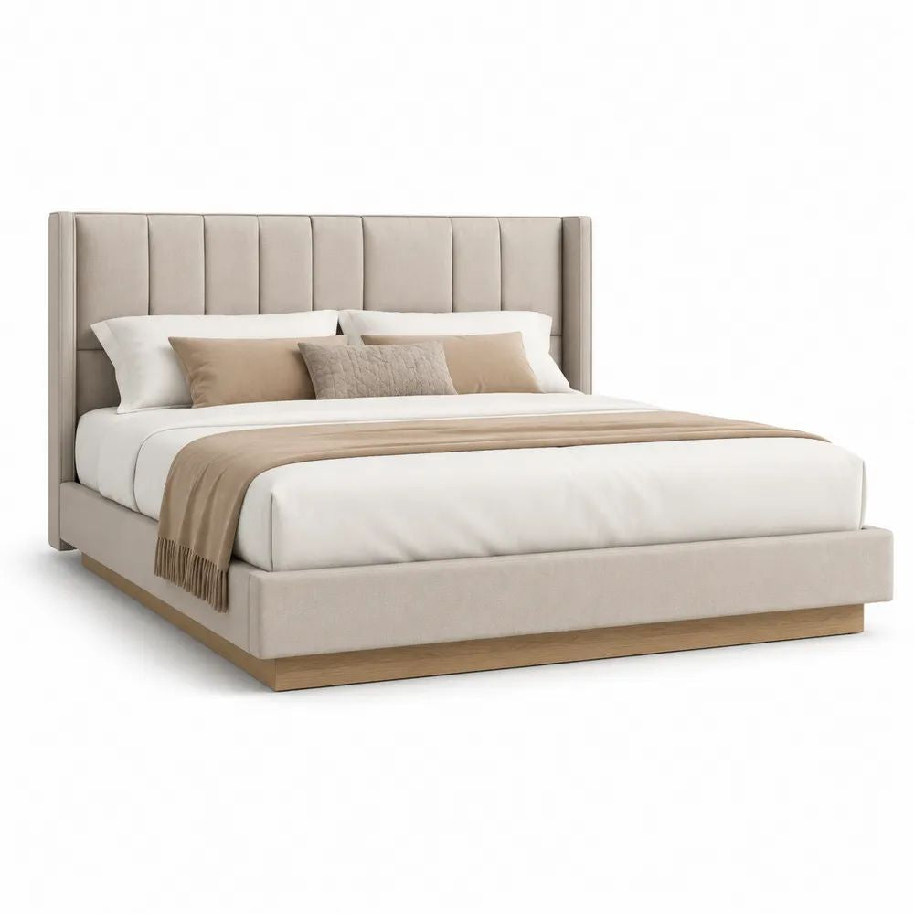 Lit double rembourré en tissu grège 160 × 200 cm avec tête de lit haute et socle en bois coloris chêne naturel