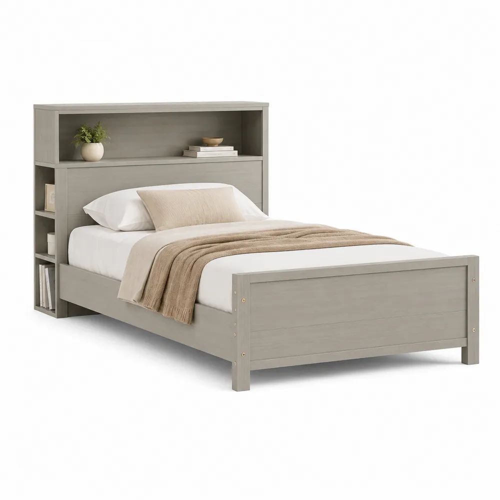 Lit double 140 x 190 cm en MDF gris taupe avec tête de lit bibliothèque et rangements latéraux