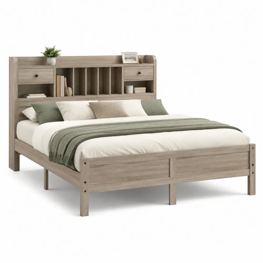Lit double en bois avec tête de lit à rangements, chêne gris, couchage 160 × 200 cm, dimensions 168 × 221 × 150 cm
