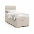 Lit simple rembourré beige en tissu avec tête de lit rectangulaire, pour matelas 90 × 190 cm, dimensions 205 × 100 × 120 cm