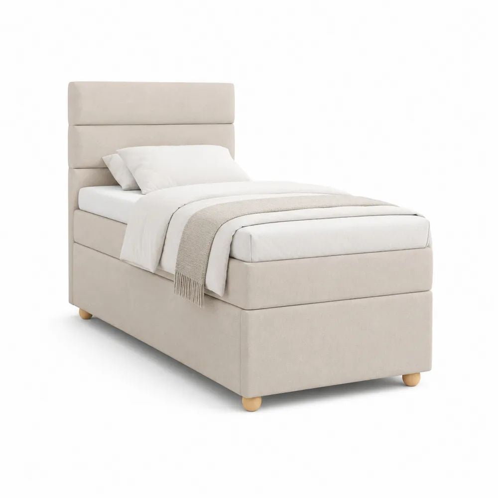 Lit simple rembourré beige en tissu avec tête de lit rectangulaire, pour matelas 90 × 190 cm, dimensions 205 × 100 × 120 cm
