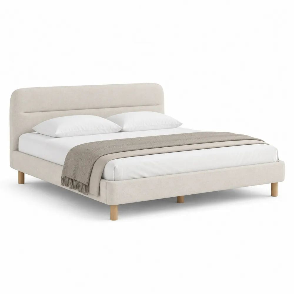 Lit double rembourré beige en polyester avec sommier à lattes, couchage 160 x 200 cm, dimensions 217 x 170 x 106 cm