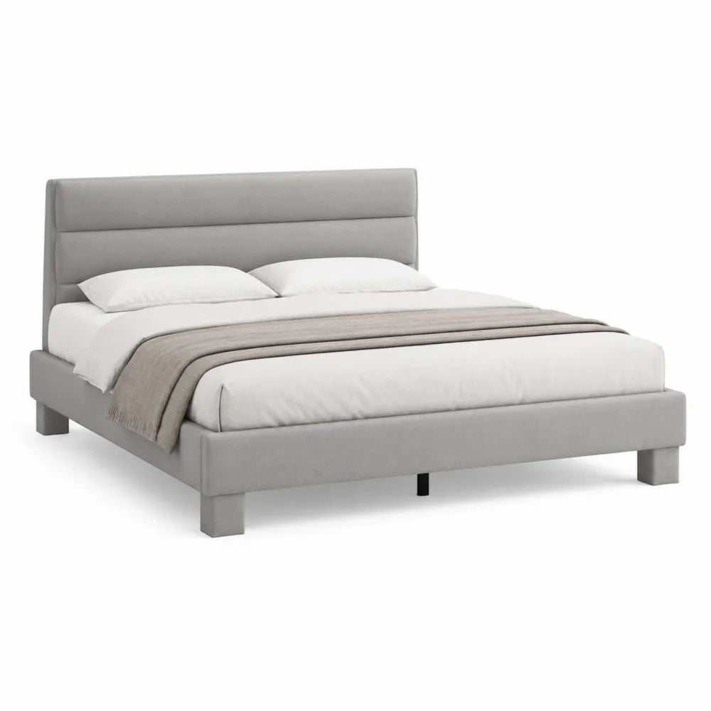 Lit double rembourré en polyester gris clair avec tête de lit et sommier à lattes, couchage 160 × 200 cm