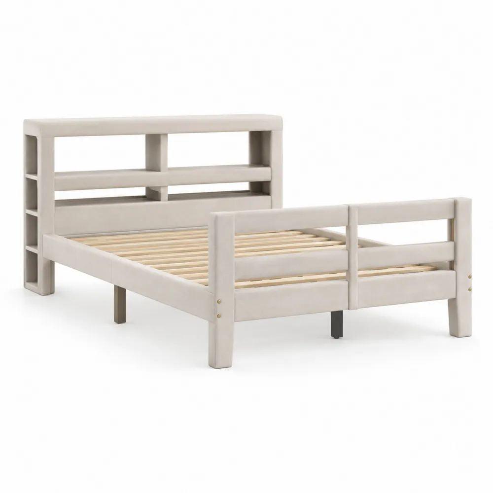 Lit double rembourré beige clair 140 x 190 cm avec tête de lit bibliothèque, cadre en bois et sommier à lattes, 201 x 149 x 120 cm