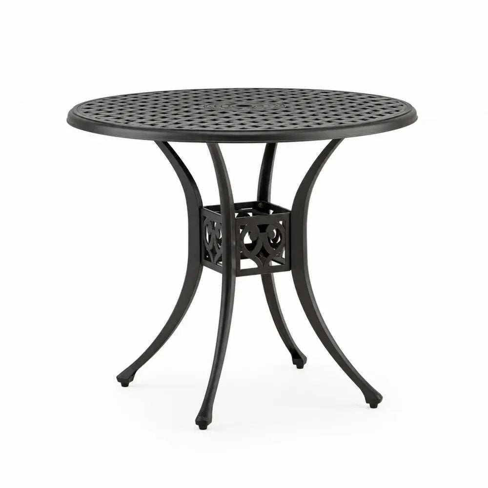 Table de jardin ronde en aluminium noir avec plateau ajouré, Ø 90 × H 74 cm