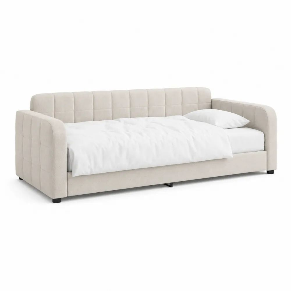 Lit-banquette capitonné beige 90 x 200 cm avec sommier à lattes, 221 x 101 x 82 cm