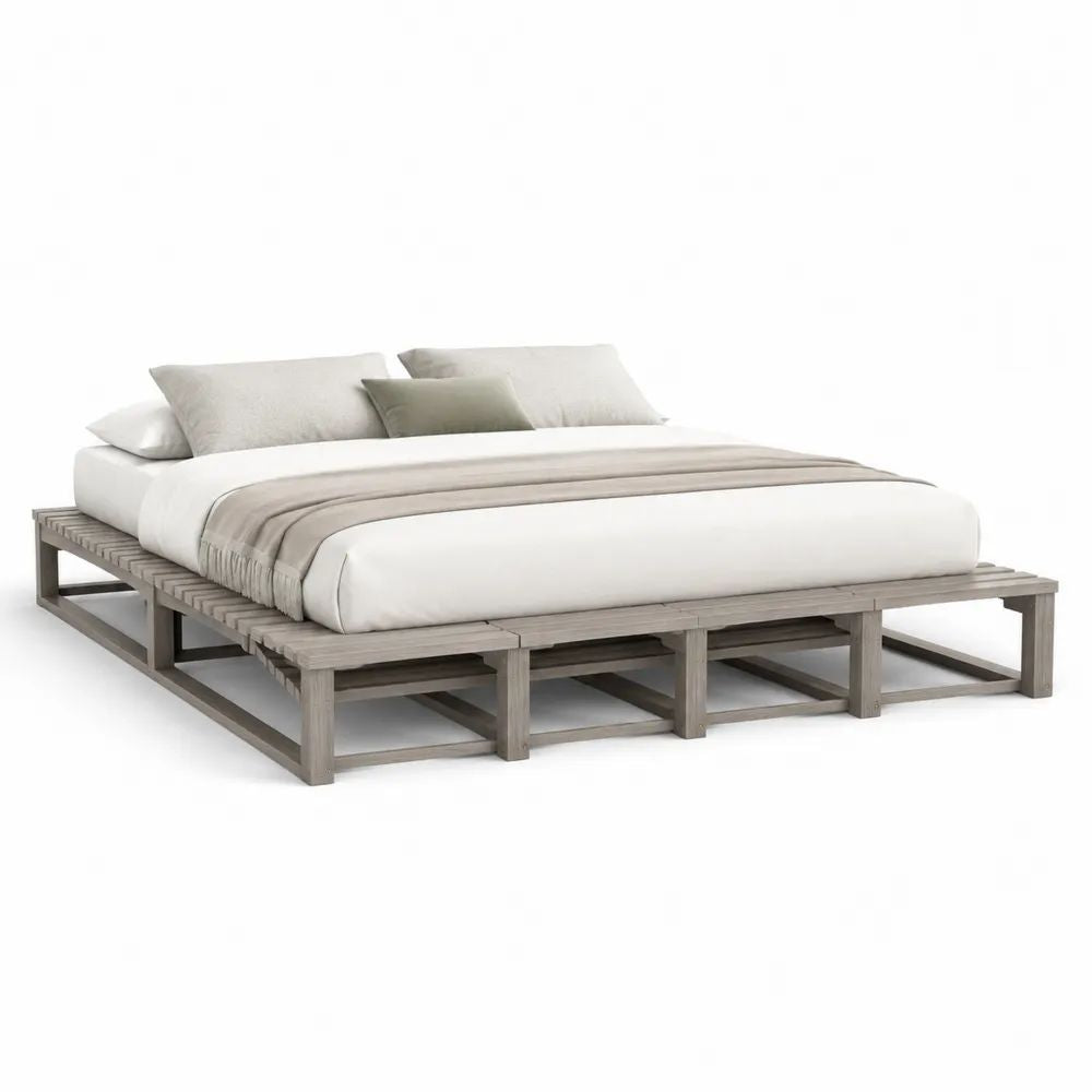Cadre de lit plateforme rectangulaire 2 places en pin massif gris, 6 modules, couchage 160 × 200 cm, dimensions 240 × 240 × 30 cm