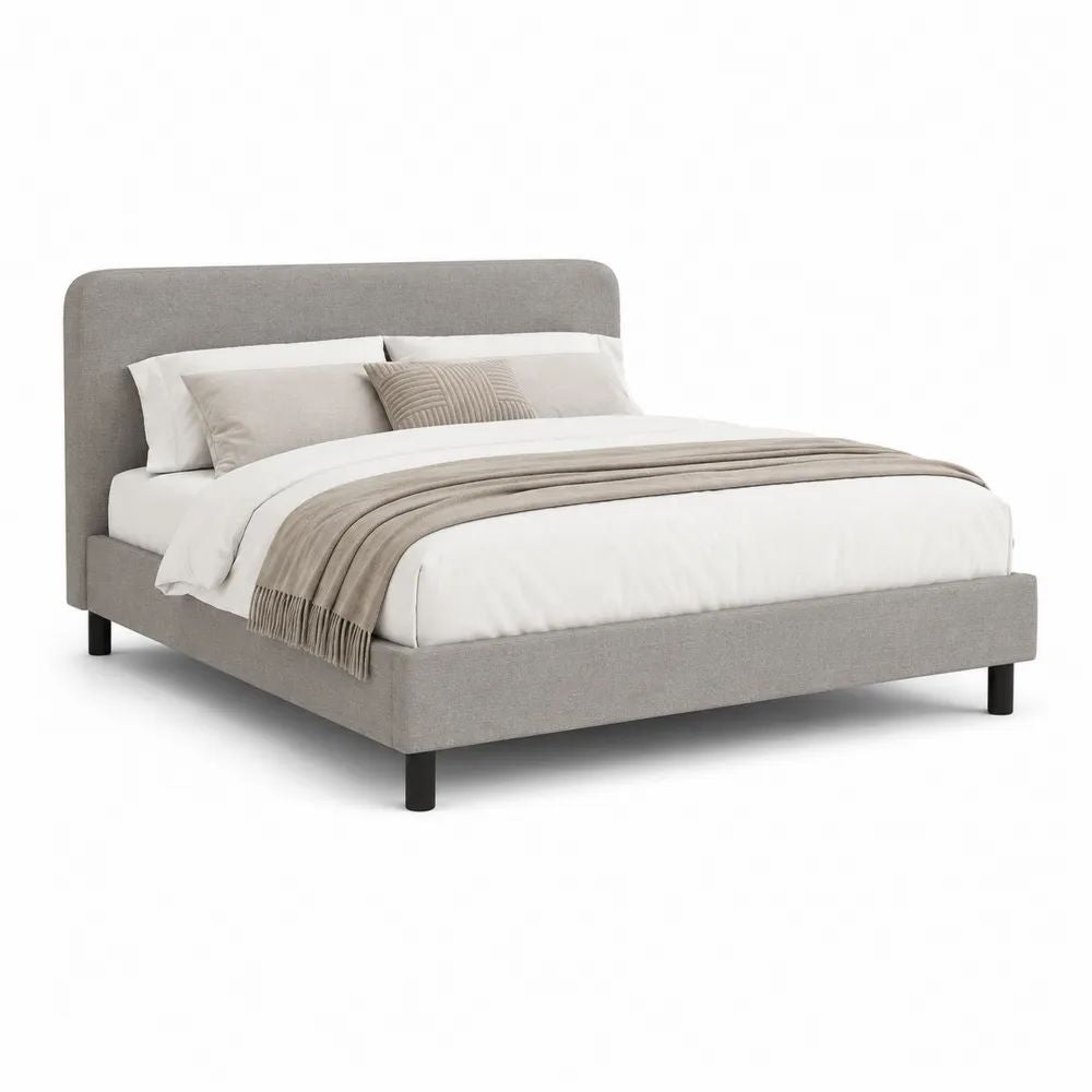 Lit double rembourré 160 × 200 cm en polyester gris clair et métal noir avec tête de lit et sommier à lattes