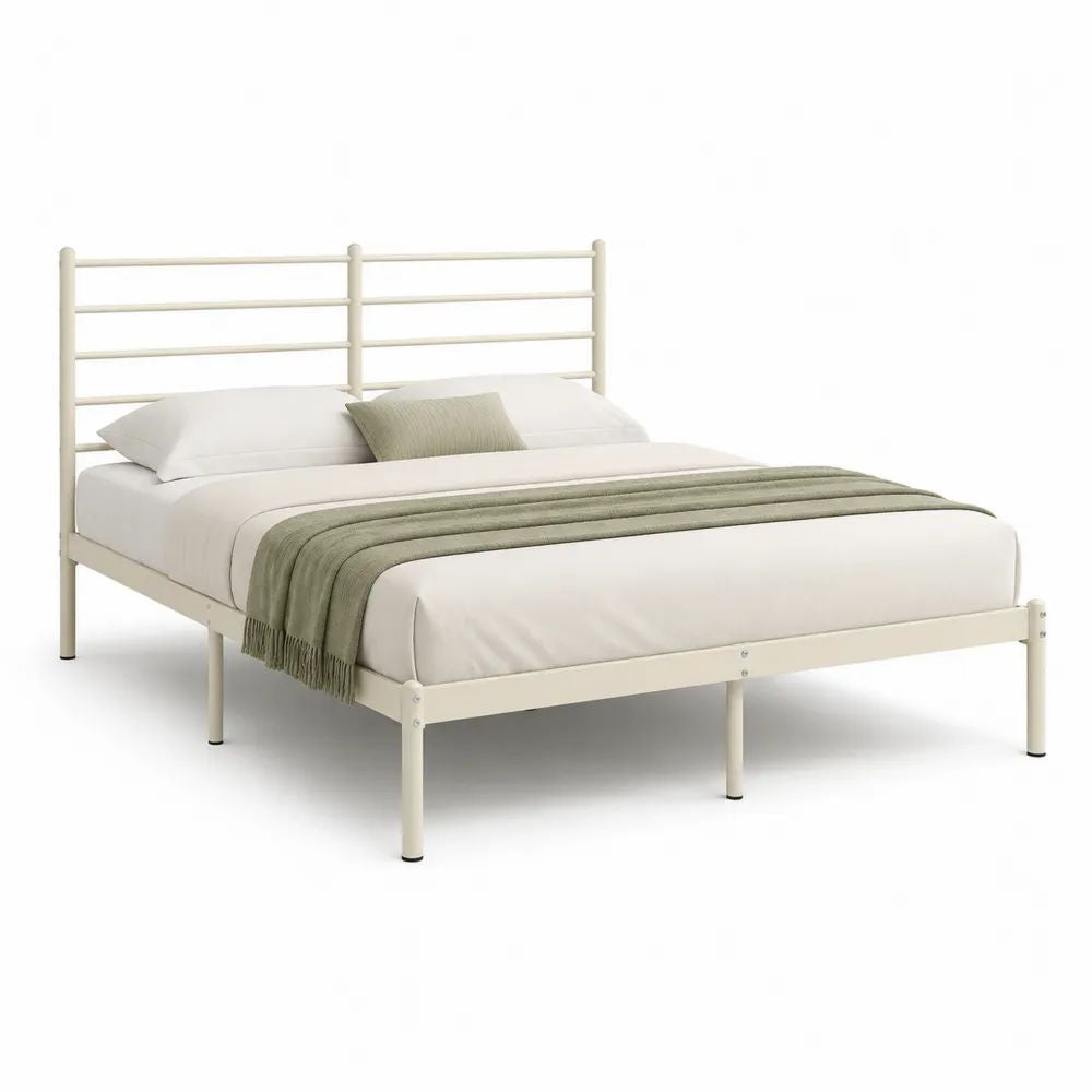 Cadre de lit double 160 × 200 cm en acier avec tête de lit, blanc crème