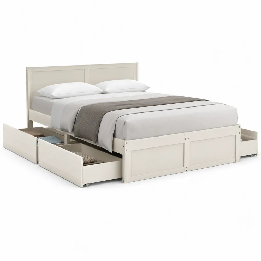 Lit double 160 × 200 cm en bois avec 4 tiroirs de rangement, blanc cassé