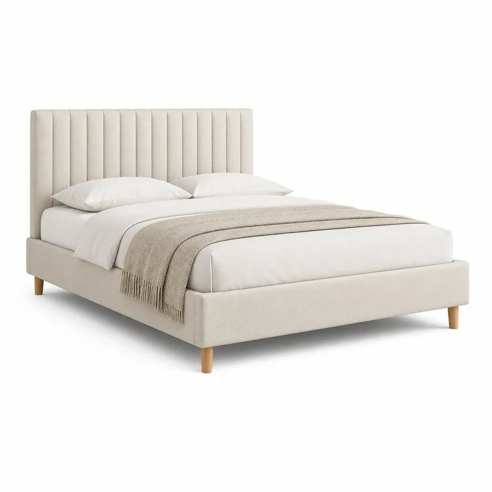 Cadre de lit double rembourré en tissu beige 160 × 200 cm avec sommier à lattes et tête de lit rainurée, 218 × 172 × 110 cm