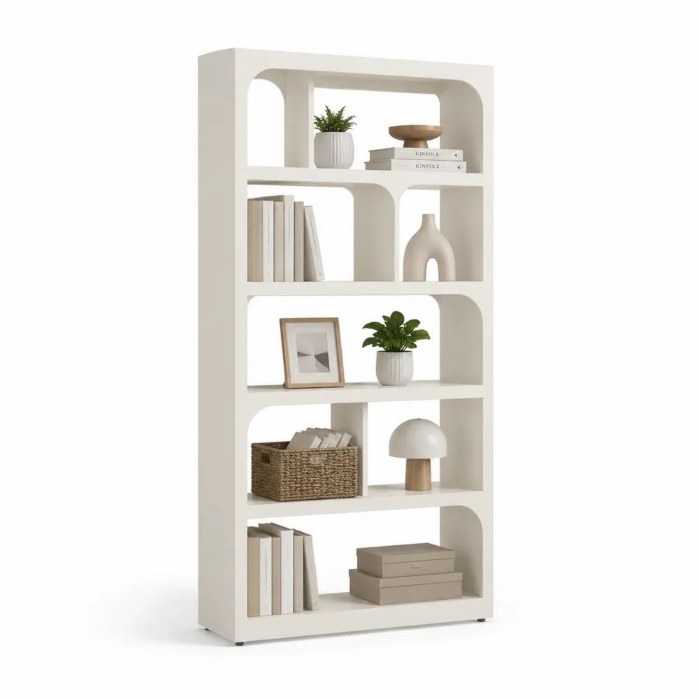 Bibliothèque à 5 niveaux en panneaux MDF avec ouvertures arquées, blanc cassé, 80 × 30 × 180 cm