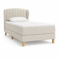 Ensemble lit simple beige et blanc 100 × 210 × 120 cm, couchage 90 × 200 cm, avec matelas à ressorts, surmatelas, tête de lit rembourrée et pieds en bois