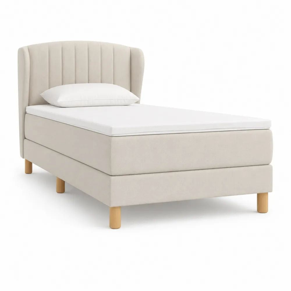 Ensemble lit simple beige et blanc 100 × 210 × 120 cm, couchage 90 × 200 cm, avec matelas à ressorts, surmatelas, tête de lit rembourrée et pieds en bois