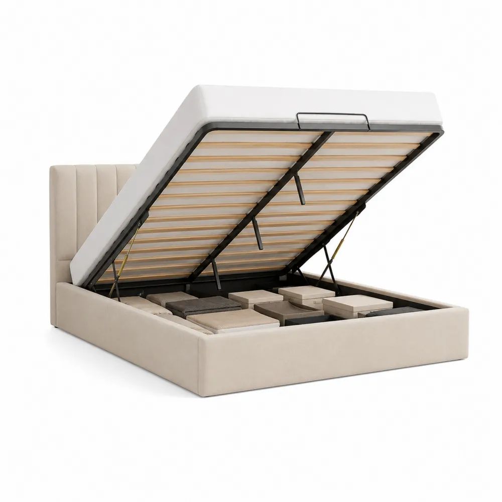 Lit coffre double 160 x 200 cm rembourré en polyester beige, cadre en acier et sommier à lattes