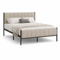 Lit double rembourré 160 × 200 cm en acier noir et tissu beige, dimensions 168 × 216 × 110 cm