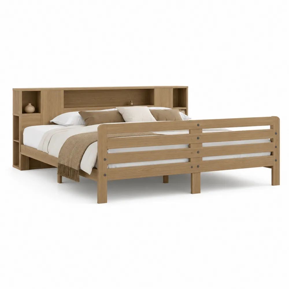 Lit double 160 x 200 cm en bois et MDF plaqué chêne naturel avec tête de lit bibliothèque, barrière latérale et sommier à lattes