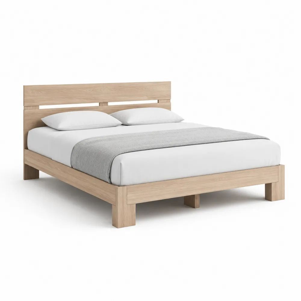 Lit double 160 x 200 cm en bois et MDF plaqué, coloris chêne naturel, avec tête de lit et sommier à lattes