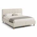 Lit double rembourré en tissu beige crème avec tête de lit et sommier à lattes, couchage 160 × 200 cm, dimensions 170 × 215 × 110 cm