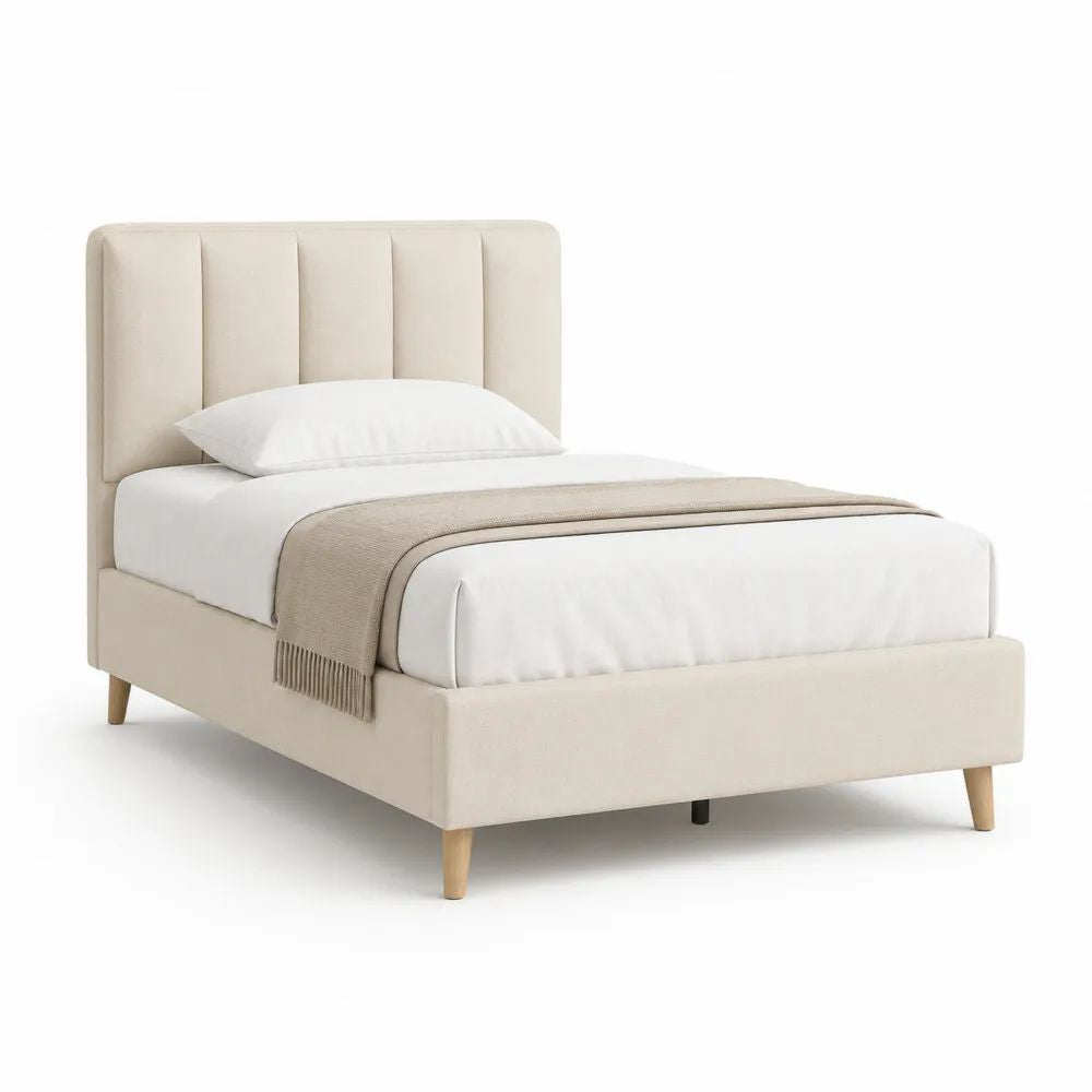 Lit simple rembourré en polyester beige avec sommier à lattes, couchage 90 × 190 cm, dimensions 203 × 101 × 110 cm