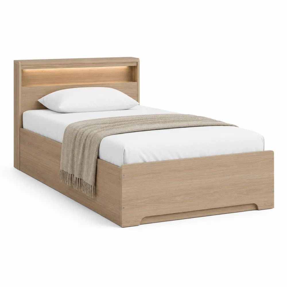 Lit simple rectangulaire 90 × 190 cm en panneaux de particules décor chêne clair avec tête de lit LED