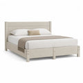 Lit double rembourré 160 x 200 cm en tissu beige avec tête de lit et cadre en bois, dimensions 215 x 168 x 112 cm