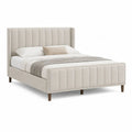 Lit double rembourré beige 160 × 200 cm, dimensions 218 × 176 × 120 cm, en velours polyester avec tête de lit et sommier à lattes