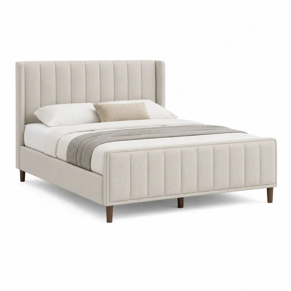 Lit double rembourré beige 160 × 200 cm, dimensions 218 × 176 × 120 cm, en velours polyester avec tête de lit et sommier à lattes