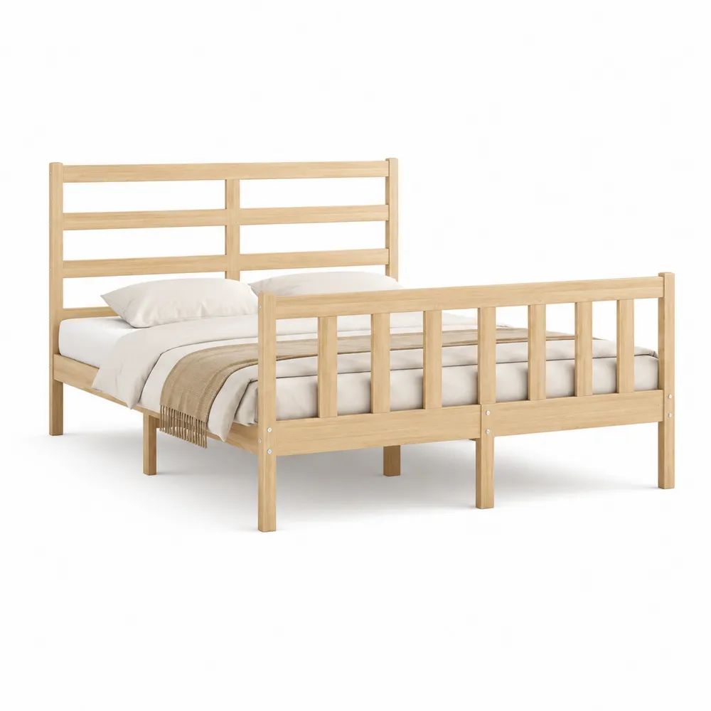 Lit double en bois 140 x 190 cm beige naturel, dimensions 198 x 148 x 115 cm, tête et pied de lit à barreaux