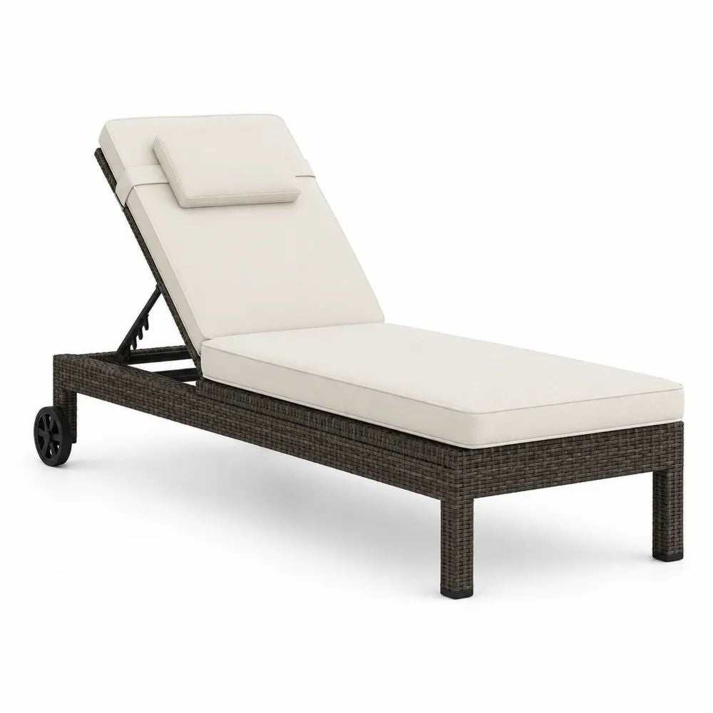 Bain de soleil extérieur réglable en résine tressée PE marron foncé avec matelas et coussin écrus, 200 × 70 × 40 cm