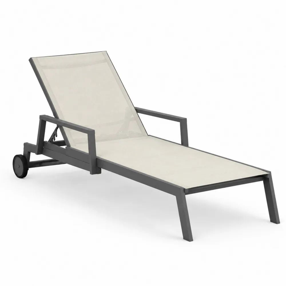 Bain de soleil extérieur inclinable en aluminium et textilène avec accoudoirs et roues, gris anthracite et beige, 198 × 65 × 96 cm