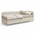 Lit banquette en tissu beige avec couchage à ressorts et rangement, 90 × 200 cm, dimensions 215 × 105 × 82 cm