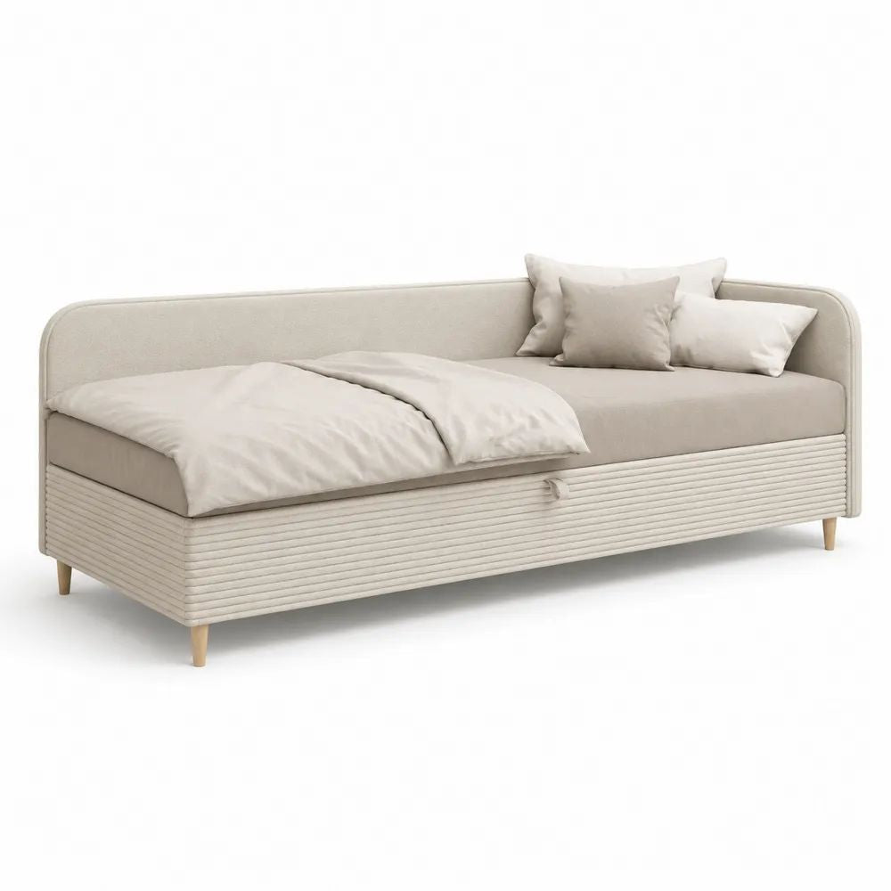 Lit banquette en tissu beige avec couchage à ressorts et rangement, 90 × 200 cm, dimensions 215 × 105 × 82 cm