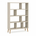 Bibliothèque ouverte à 12 compartiments en panneaux de particules mélaminés beige avec pieds en hêtre massif clair, 90 × 30 × 150 cm