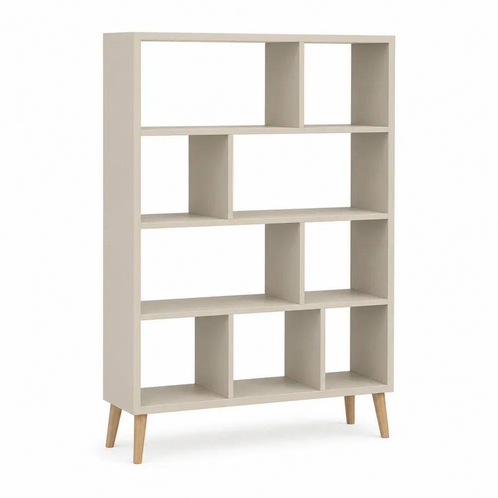 Bibliothèque ouverte à 12 compartiments en panneaux de particules mélaminés beige avec pieds en hêtre massif clair, 90 × 30 × 150 cm